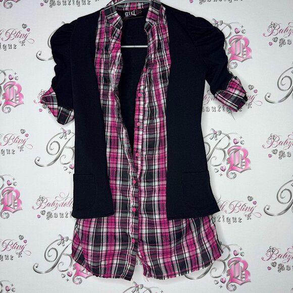 Girl confidential emo punk gothic plaid button up shirt attached 2 shirt y2k